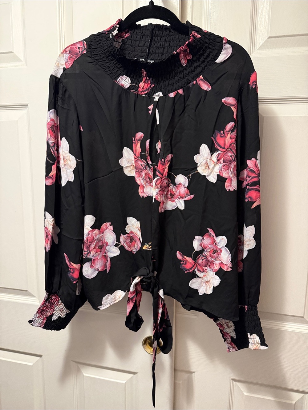 VENUS Black Floral Long-Sleeve Tie-Front Blouse - Pink & White Flowers